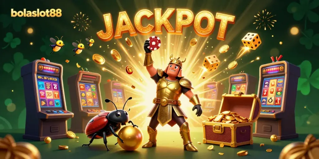 Experience the thrill of bolaslot88 with a victorious hercules beetle amidst a jackpot explosion in this vibrant casino scene.
