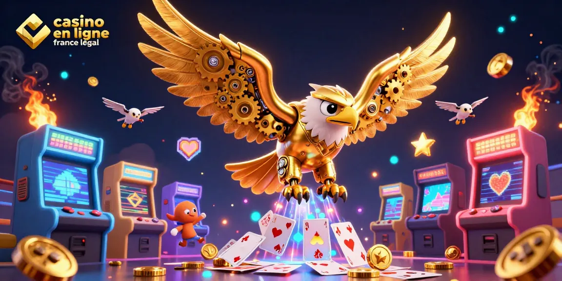 Plongée d'un aigle doré cybernétique à travers des cartes holographiques sur un casino en ligne France légal.
