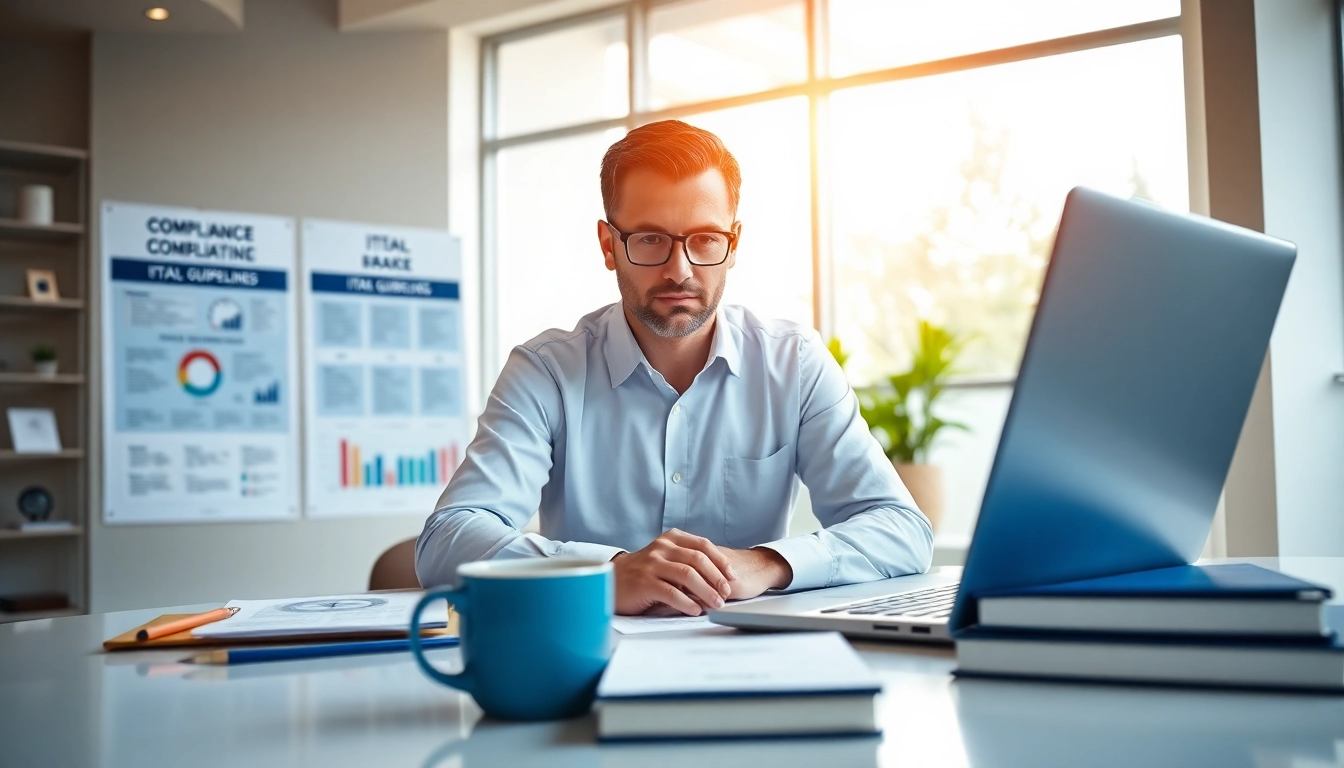 Engaging compliance consultant navigating FCPA/DCAA/Flowdown/ITAR/EAR compliance in a modern office.