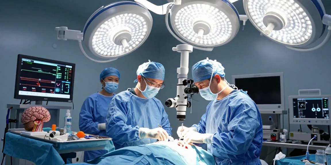 Detailed surgical theater scene depicting beyin tümörü ameliyatı, with surgeon operating under bright LED lights and monitoring patient vitals, showcasing advanced medical techniques.