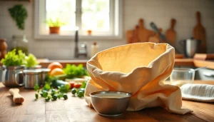 Kaasdoek in een stijlvolle keuken setting met verse ingrediënten en straining actie.