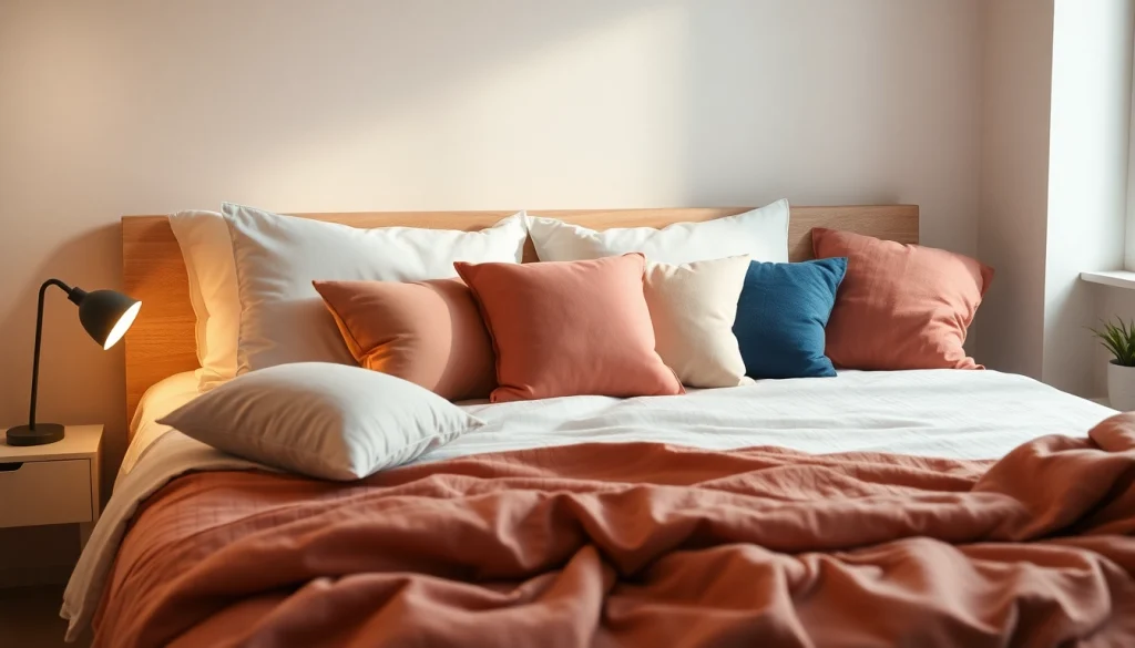 Cuscini per letto decorativi disposti su un letto elegante con tessuti morbidi e tonalità pastello.