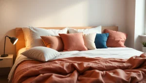Cuscini per letto decorativi disposti su un letto elegante con tessuti morbidi e tonalità pastello.