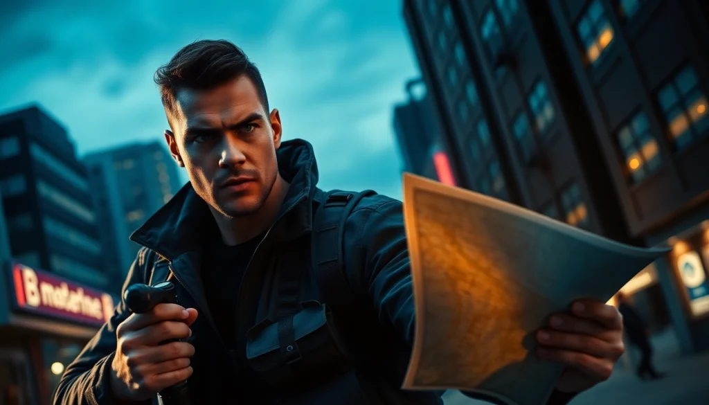 Action hero embodies resilience like Jack Reacher in an urban setting, showcasing strength and suspense.