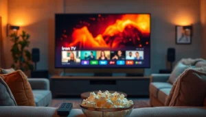 Engaging scene of cozy home entertainment with iron tv content for movie nights.