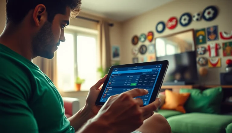 Reviewing online sportsbooks India options on a tablet in a cozy sports-themed living room.