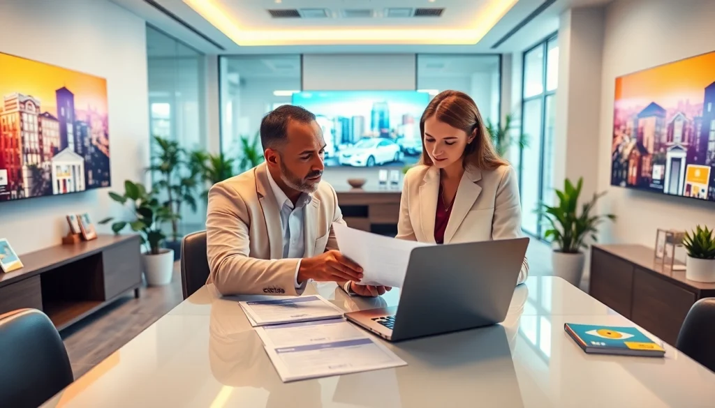 Engaging real estate agent analyzing listings in a modern office workspace.