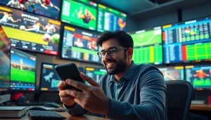 Experience online sportsbooks India through an engaging sports betting scene with vibrant displays and a passionate bettor.