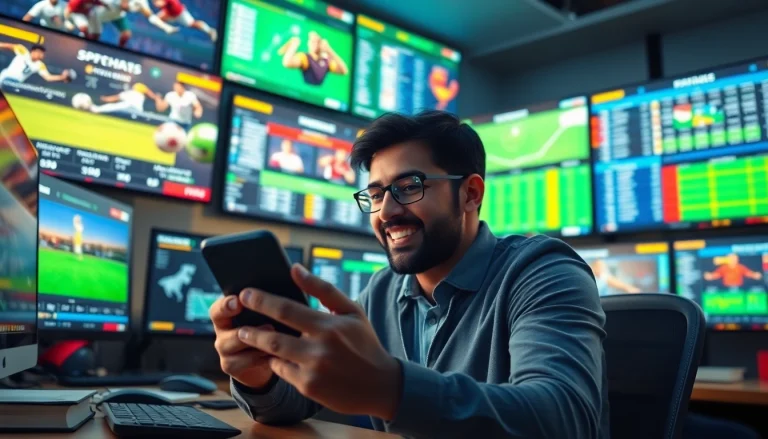 Experience online sportsbooks India through an engaging sports betting scene with vibrant displays and a passionate bettor.