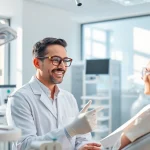 Dentist examining a patient in a bright and modern dental clinic setting.