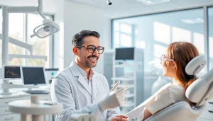 Dentist examining a patient in a bright and modern dental clinic setting.
