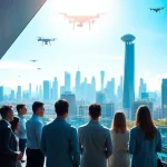 Showcasing technology advancements in a vibrant city with innovative architecture and diverse professionals.