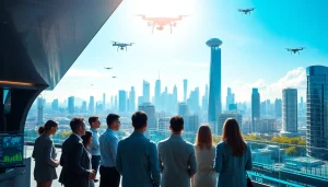 Showcasing technology advancements in a vibrant city with innovative architecture and diverse professionals.