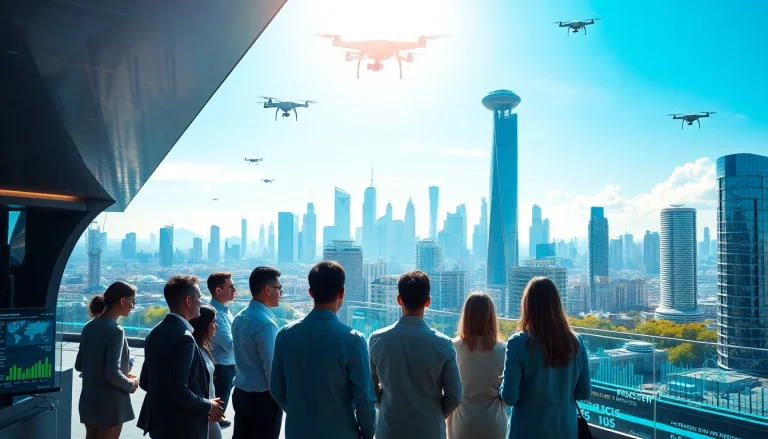 Showcasing technology advancements in a vibrant city with innovative architecture and diverse professionals.