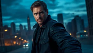Heroic character resembling Jack Reacher stands resolutely in a dramatic urban scene.