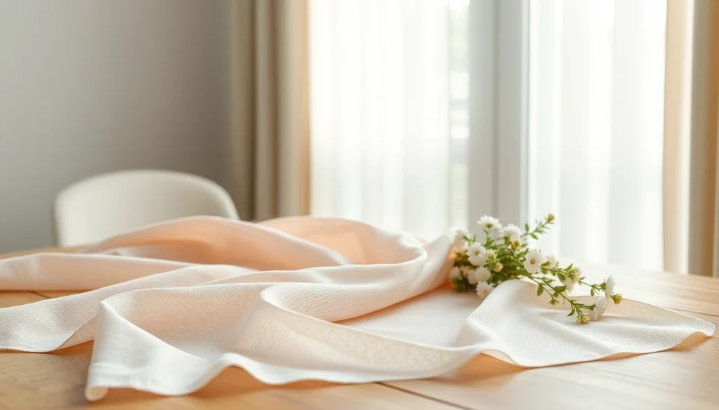 Mousseline stof met zachte pasteltinten en fijne textuur op een houten tafel gedrapeerd.