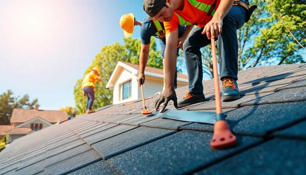 Displaying professional roofing services as workers conduct quality repairs on a residential rooftop.