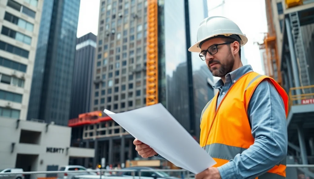 Engaging New York City commercial general contractor reviewing plans at an urban construction site.
