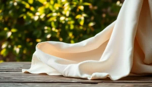 Linnen stof op een rustieke houten tafel met een zachte textuur en natuurlijk licht.