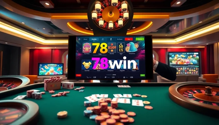 Engage with the dynamic 78win online casino experience featuring vibrant chips and gaming tables.