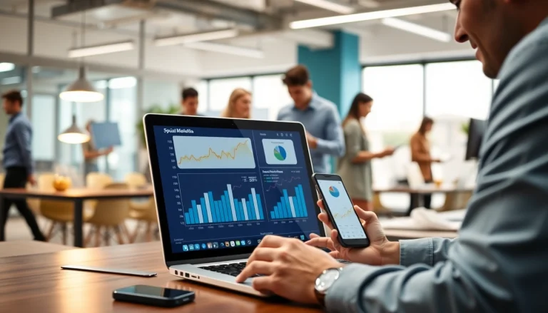 Analyze metrics with the facebook smm panel in a vibrant digital marketing office.