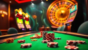 Experience thrilling gameplay at nhà cái F8bet with vibrant gaming tables and a roulette wheel lighting up the atmosphere.