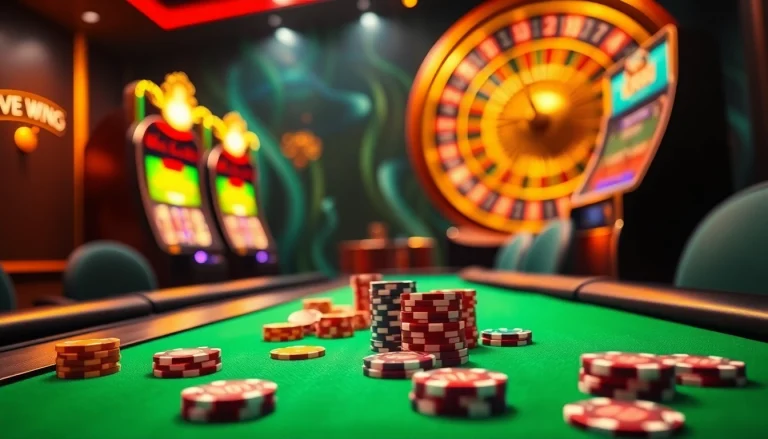 Experience thrilling gameplay at nhà cái F8bet with vibrant gaming tables and a roulette wheel lighting up the atmosphere.