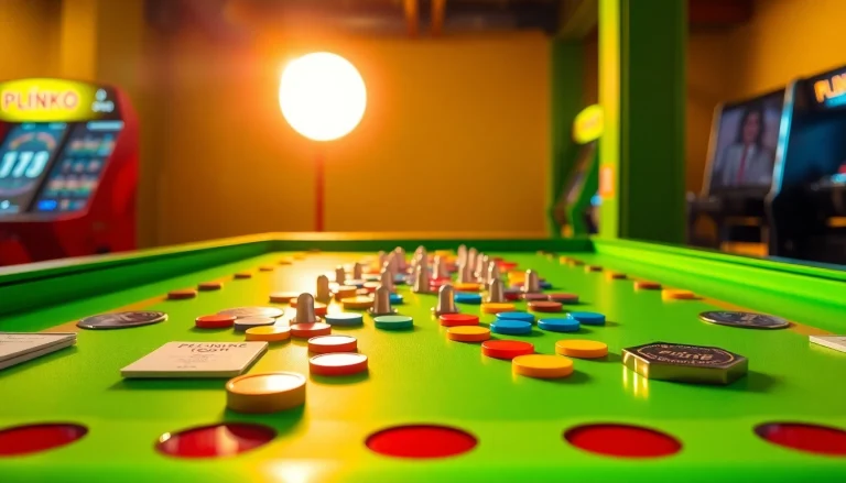 Permainan plinko demo yang menarik dengan disk berwarna-warni di atas meja hijau.