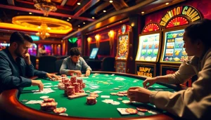 Exciting gameplay at 6RWIN33 COM featuring poker players and vibrant casino elements.