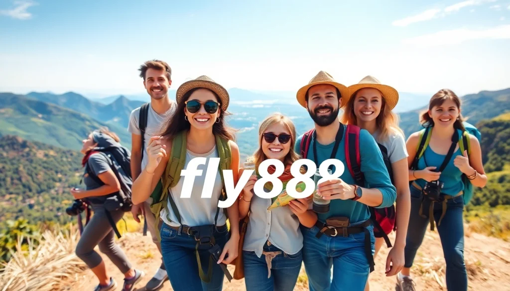 Thrilling travel adventure scene with travelers enjoying nature, embodying the spirit of fly888.