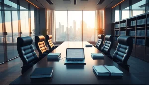 A modern legal office setting featuring a conference table and materials relevant to 798 f case law.