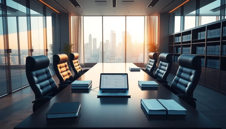 A modern legal office setting featuring a conference table and materials relevant to 798 f case law.