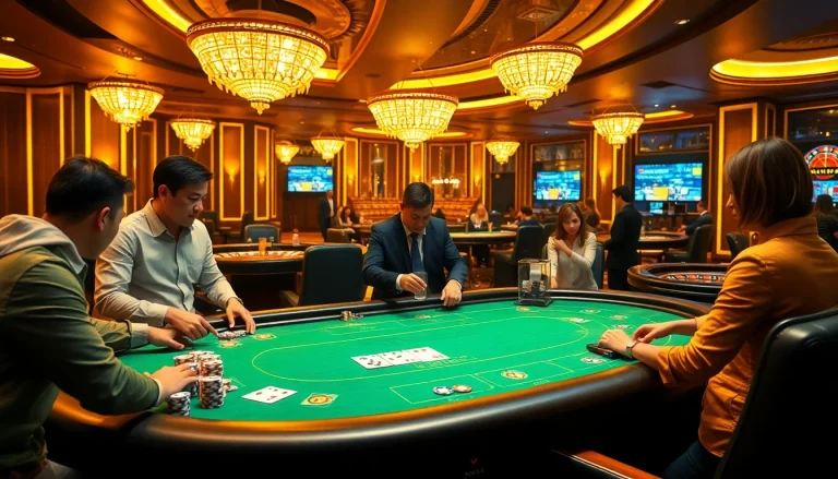 Experience the thrill of high-stakes gaming at W88 link casino, featuring an elegant poker table and engaging dealers.