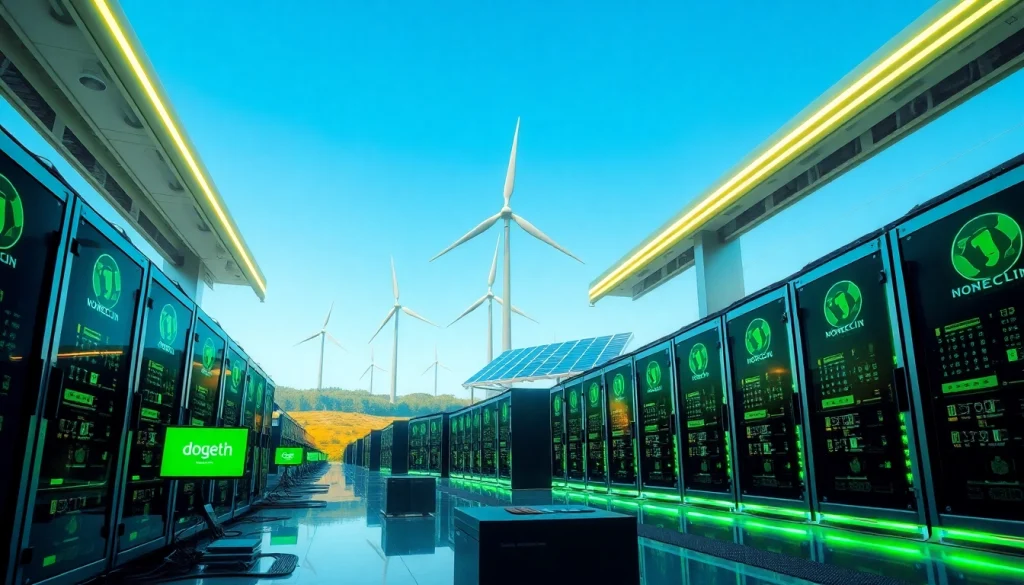 Visual of a futuristic crypto mining facility illustrating dogecoin cloud mining profit with renewable energy sources.