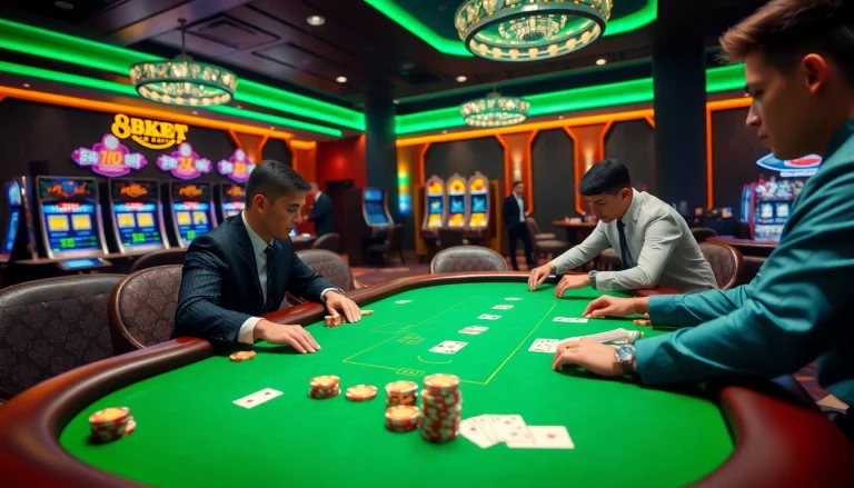 Exciting poker game scene at 8KBET casino with vibrant chips and elegant cards.