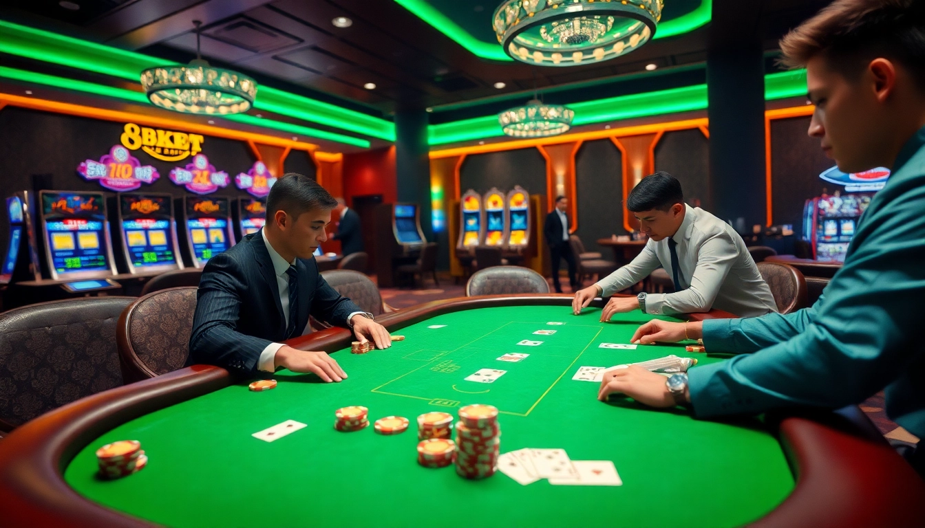Exciting poker game scene at 8KBET casino with vibrant chips and elegant cards.