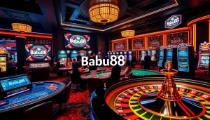 Gamblers enjoying thrilling games at Babu88 casino, showcasing excitement and luxury.