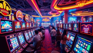 Experience the thrill of hoki138 pro in a modern casino setting with vibrant slot machines.