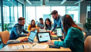 Collaborative professionals discussing strategies for WhatsApp Business CRM integration in a modern office.