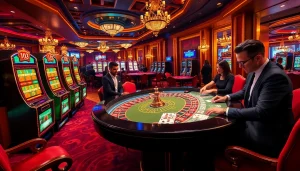 Gamble with excitement at https://f8bet.dental/ showcasing a lively casino scene with roulette and poker tables.