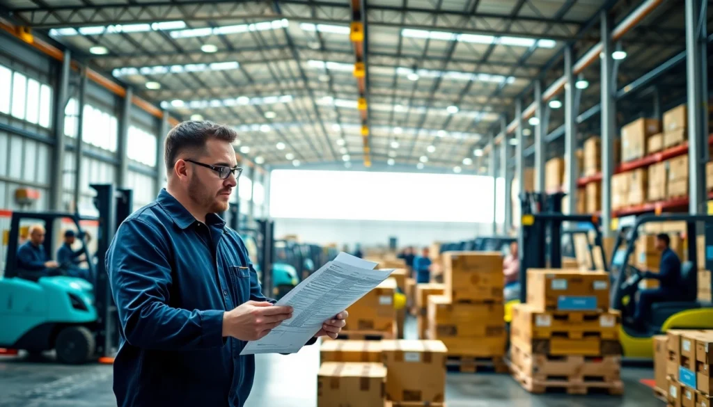 Logistics operations highlighted in a vibrant warehouse, showcasing teamwork and efficiency.