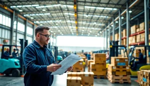 Logistics operations highlighted in a vibrant warehouse, showcasing teamwork and efficiency.