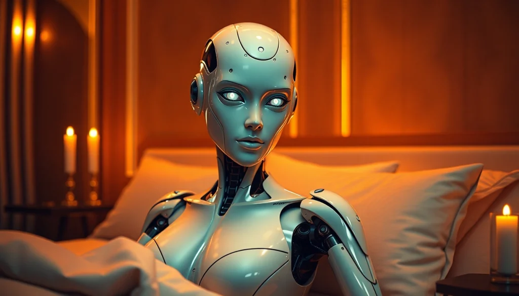 AI sex robot in an intimate bedroom setting, showcasing futuristic design and romantic ambiance.