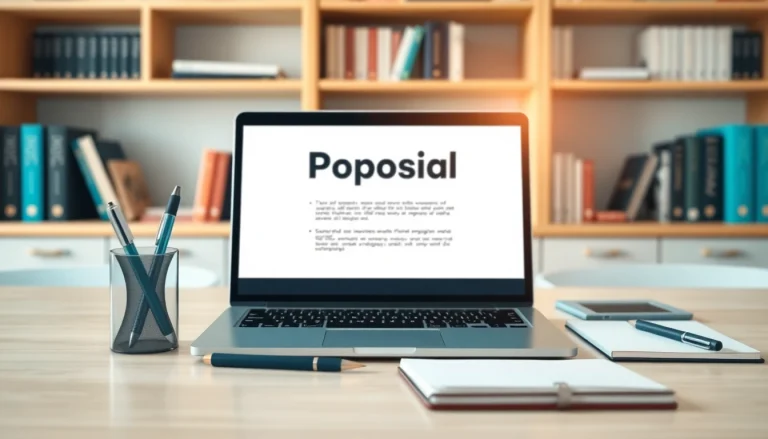 Engaging workspace showcasing Proposal Writing and Management with laptop and stationery.