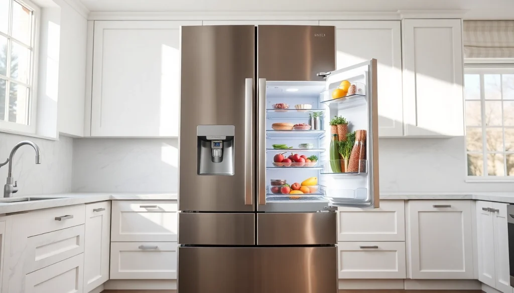 Showcase a stylish stainless steel refrigerator in a bright modern kitchen