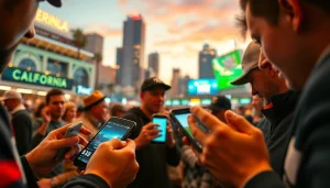 Engaged bettors using online sportsbooks California in a lively California setting filled with iconic landmarks.