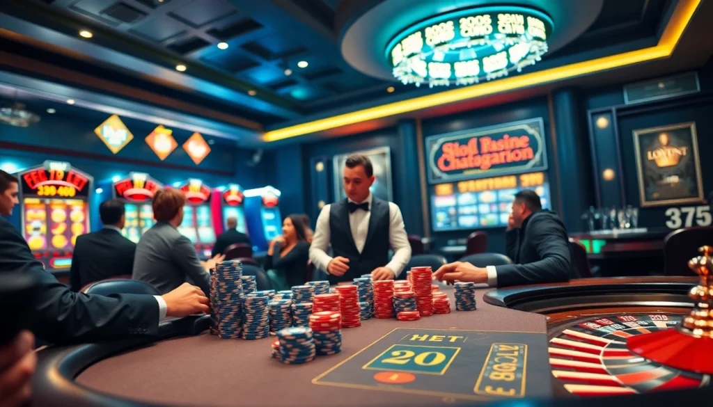 Engaged players at an i9bet poker table amidst luxurious casino ambiance.
