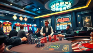 Engaged players at an i9bet poker table amidst luxurious casino ambiance.