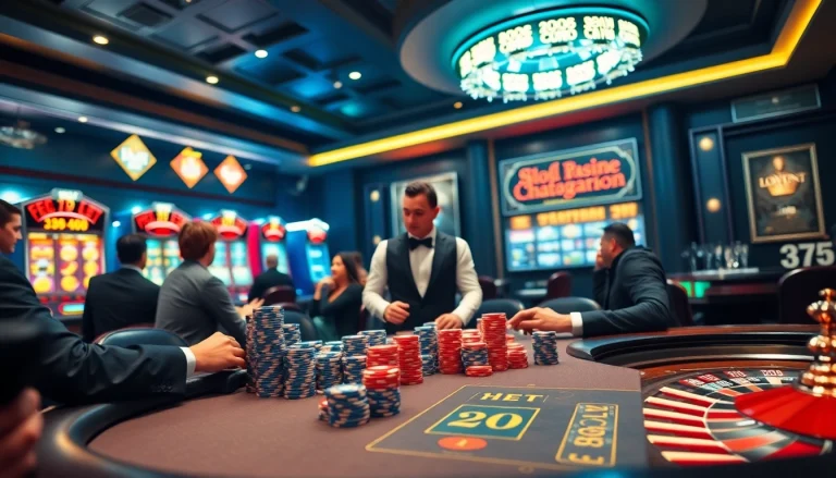 Engaged players at an i9bet poker table amidst luxurious casino ambiance.