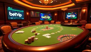 Cảnh bàn poker sang trọng đầy cuốn hút, làm nổi bật Bet VIP với các quân chip và lá bài sinh động.